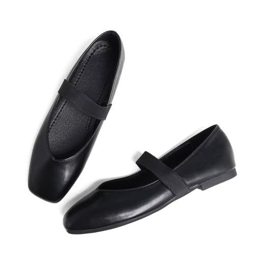 Hee grand Leather Flats for Women Comfortable Square Toe Mary Jane Shoes Elastic Strap Flats Lightweight Walking Shoes2