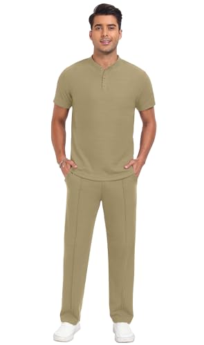 PrinStory Men's Short Sleeve Outfits Waffle Knit Henley Shirt and Pants Set Casual 2 Pieces Summer Tracksuits with Pockets2