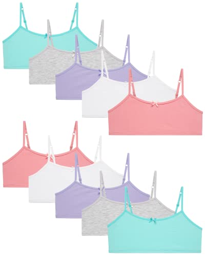 Rene Rofe Girls Training Bras - 10 Pack Soft Stretch Cotton Bra, Cami Style Girls Underwear with Adjustable Straps (7-14)