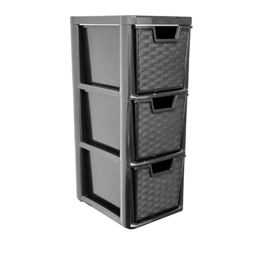 ALEEZ - 3 Drawer Plastic Storage Unit - Space Saving Multipurpose Medium Drawers - Rattan Design Home Office Storage Durable Draws - Tabletop, Desktop Drawers - 48cm (H) x 19cm (W) x 25cm (D)
