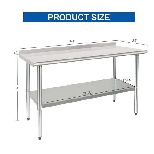 Image of HARDURA Stainless Steel Table Prep & Work Table 24 x 60 Inches NSF Heavy Duty Commercial with Undershelf and Backsplash for Restaurant Kitchen Home and Hotel