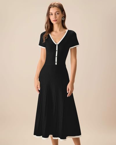 Women Knit Summer Dress V Neck Crop Top Midi Pleated Dresses Casual Beach Outfit for Office3