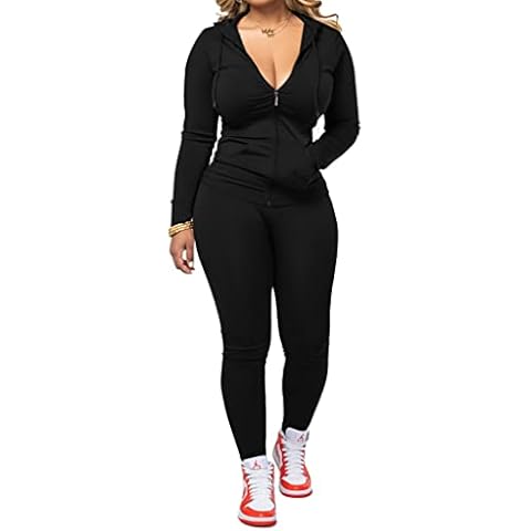 PINSV Women Two Piece Outfits Workout Sets Bodycon Tracksuit Long Sleeve Zip Up Hoodie Jacket Jogger Matching Sweat Pants Set Black XL Cover