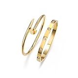 sineed 18K Gold Plated Love Nail Bangle Bracelet Set Stackable Dupes Stainless Steel Bangle Set for Love Trendy Jewelry