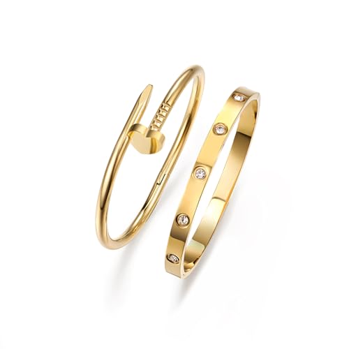18K Gold Plated Love Nail Bangle Bracelet Set Stackable Dupes Stainless Steel Bangle Set for Love Trendy Jewelry