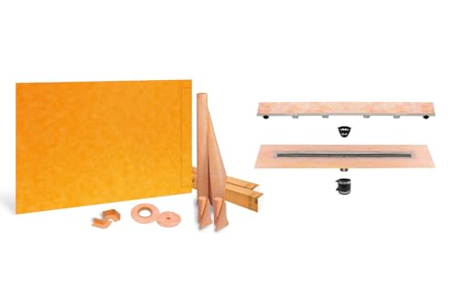 All-in-one Waterproof Linear Shower Kit: 36"x72" Offset Shower Pan (Tray), 32" Center Outlet Channel Body Drain (KL1V60E80), Tileable Design Grate Assembly (KL1DRE80)