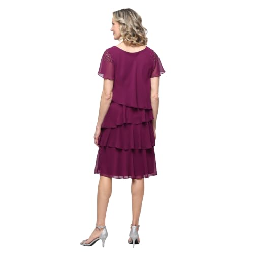 Image of S.L. Fashions Women's V-Neck Chiffon Cocktail Dress with Beaded Shoulders and Asymmetrical Tiers (Petite and Regular Sizes)