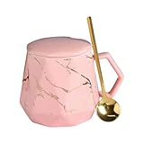 Taza Con Tapa Taza De Café De Cerámica De 420 Ml Con Diseño De Mármol Y Corte De Diamante, Ideal Para El Hogar Y La Oficina, Con Tapa Y Cuchara, Caja De Regalo, Color Rosa.