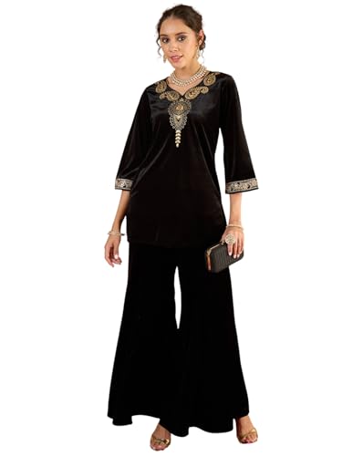 Image of Women Velvet Emb V-Neck Short Kurta With Palazzos