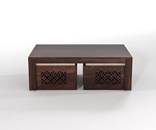 Image of Sheeshsam Wooden Coffee Table with 4 Stools for Living Room - Solid Wood Coffee Table with Cushion Seating Stools Tea Table Teapoy Center Piece for Home Sofa Center Table (Norris Walnut)