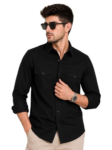 Image of Veirdo Men's Pure Cotton Utility Shirt | Full Sleeve Casual Button-Down with Dual Chest Pockets | Stylish & Comfortable Everyday Wear | Colors: Beige, Black, Maroon, Olive, Rust & White