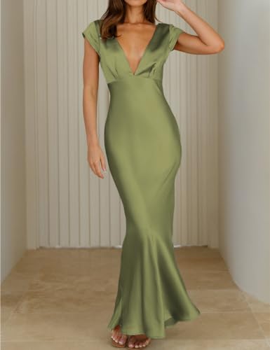 Halfisland Womens Summer Satin V Neck Cap Sleeve Backless Maxi Dress Elegant Twist Cut Out Midi Dresses Wedding Guest3