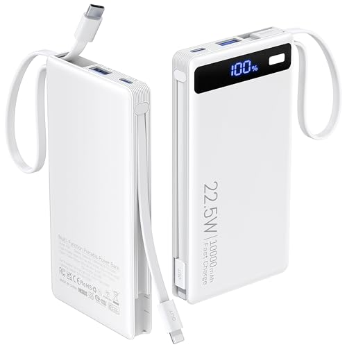 Power Bank with 2 Built-in Cables 10000mAh, 22.5W PD Slim Portable Charger USB C Battery Pack,...