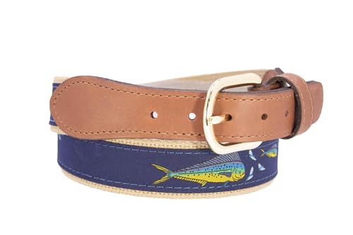ZEP-PRO Dolphin Mahi Men's Woven Ribbon Belt – Mahi-Mahi Game Fish Ribbon With Navy Webbing and Tan Full Grain Leather Tabs – 1.25" Wide Outdoor Lifestyle Accessory, Size 342