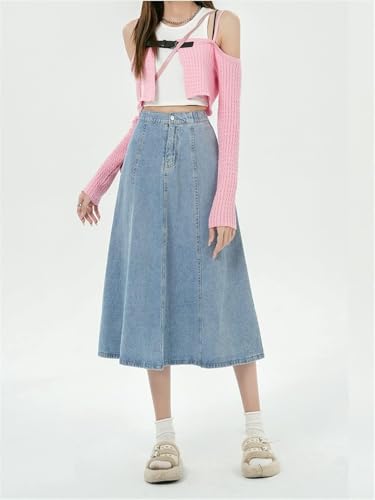 Women's High Waist A-Line Long Denim Skirt Cotton Casual Mid-Calf Skirt2