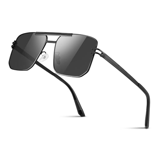 Gesruny Sonnenbrille Herren Damen Polarisiert Pilotenbrille Klassisch Retro Ultraleicht Rechteckig Metallrahmen Unisex UV400 Schutz Sonnenbrillen Fliegerbrille für Fahren Angeln -Schwarz