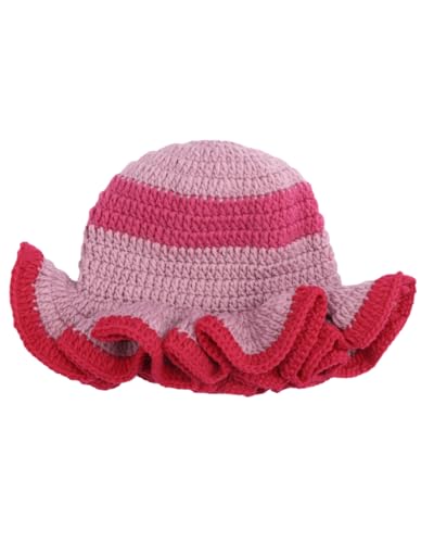 Image of Women Crochet Bucket Hat Cute Winter Ruffled Brim Floppy Cap Handmade Knit Cloche Hats