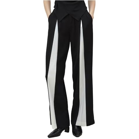 S・DEER Women's Colorblock Chiffon Straight Wide Leg Pants High Waisted Long Straight Suit Pants with Pockets(Black,M) Cover