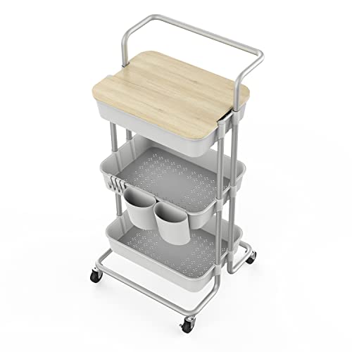 Image of DTK 3-Tier Utility Rolling Cart with Cover Board, Handle and Locking Wheels, Kitchen Cart with 2 Small Baskets and 4 Hooks for Bathroom, Office, Balcony, Living Room (Grey)
