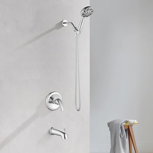 Image of gotonovo Bathroom Shower Head Kit High Pressure Combo System Shower Faucet 6 Modes ABS Handheld Spray Shower Trim Kit Valve Included Shower Head and Handle Set Polished Chrome