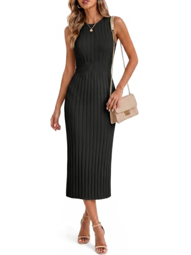 Image of Danedvi Womens 2026 Casual Ribbed Knit Midi Dress Sleeveless Bodycon Baby Shower Vacation Sweater Dresses