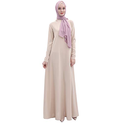 Women's Long Sleeve Maxi Dress Muslim Women Abaya Robe A Line Plain Simple Modern Islamic Arabic Style Casual Dress (241-Khaki, M)