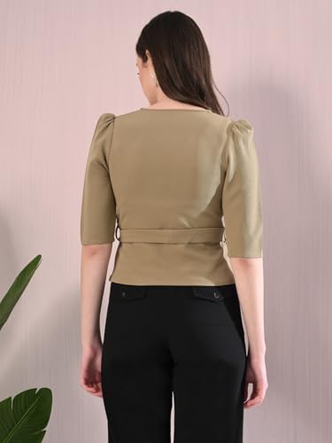 Image of Elegant Wrap Blouse for Women - Deep Neck Knot Design, Slim Fit Crop Style, Classy & Trendy Chic Fashionable Outfit for Casual