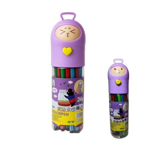 Estojo de Canetinhas Coloridas com 24 Cores, Tampa Decorativa Roxa com Coração, Design Kawaii