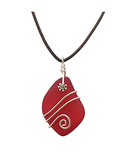 Yinahawaii Hawaii Handmade Necklace, Hawaiian Jewelry, Leather Cord Necklace, Unisex Ocean Jewelry, Wire Wrapped Unique Jewelry, Sea Glass Jewelry Birthday Gift (July Birthstone - Ruby Red)