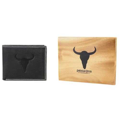 American Bison Men’s Bi-Fold Wallet – Embossed Bison Skull Leather Wallet with 2 ID Windows, 6 Card Slots, Dual Bill Compartments – Wooden Gift Box (Black)4