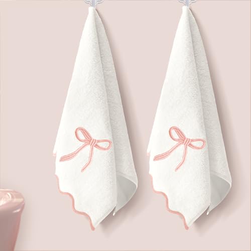 2 Pcs White Pink Scalloped Hand Towels for Bathroom 26 x 13 Embroidery Coquette Bow Hand Towels 100% Cotton Soft Absorbent Boho Bath Decor for Kitchen Bathroom