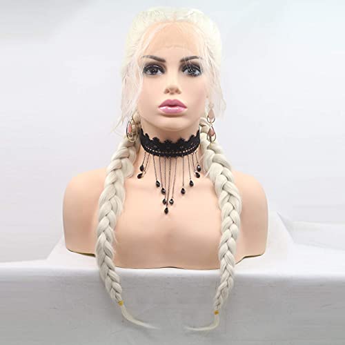xiweiya Braided Wig Blonde White Double Braids Synthetic Lace Front