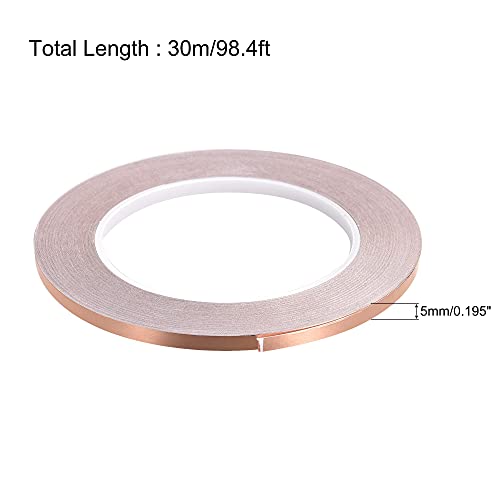 Image of uxcell Single-Sided Conductive Tape Copper Foil Tape Adhesive 5mm x 30m /98.4ft for Guitar,EMI Shielding Crafts, Electrical Repairs 2pcs
