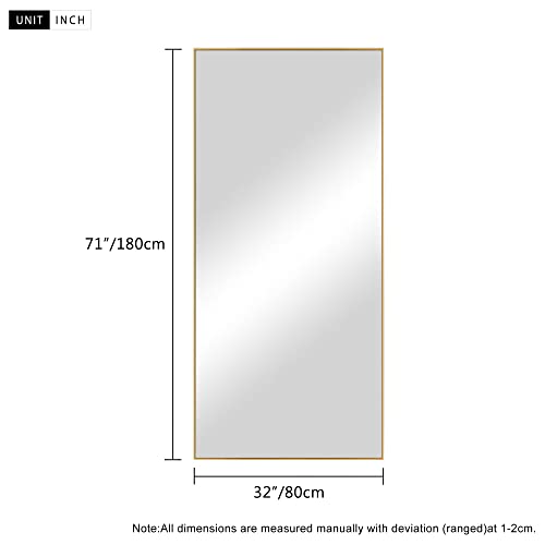 Image of NeuType 71 inchx32 inch Full Length Mirror with Standing Holder Aluminum Alloy Frame Floor Mirror Wall-Mounted Mirror for Living Room, Bedroom, Hanging or Leaning Against Wall, Golden (with Stand)