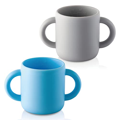 paeyaer 2 Pack Silicone Training Cup for Infants, Drinking Toddler Cup for Baby and Toddler - Boy Learner Cup Transition Cup 5 Oz(Blue/Gray) 6+ months