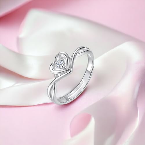 Image of Okos Women Fashion Jewellery Rhodium Plated Solitaire Style Adjustable Heart Finger Ring with Cz Stone For Girls and Women FR1000970WHT