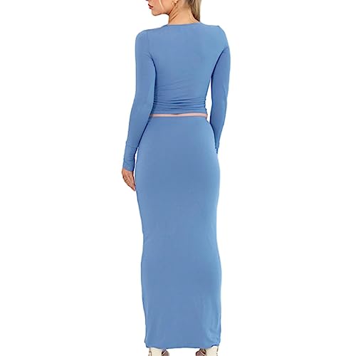 Womens 2 Piece Outfits Y2K Skirt Sets Long Sleeve Crop Tops Bodycon Maxi Skirts Fall Set Suits Streetwear3