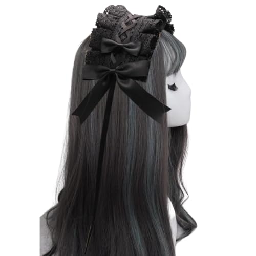 [ideamall] ヘッドドレス ゴスロリ ロリータ 髪飾り ヘアアクセサリー カチューシャ レース リボン (ブラック×ブラック, 長さ30cm)