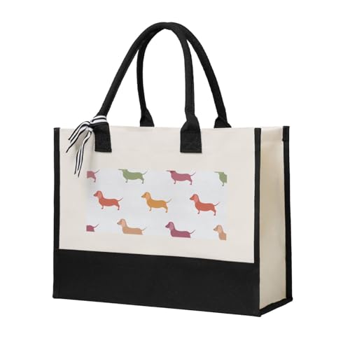 Sac fourre-tout teckel en toile beige cabas femme spacieux quotidien