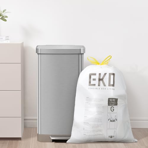 Image of EKO 21 Gallon / 50-90 Liter, 60 Count Drawstring Trash Bags, Extra-Strong Garbage Bags, Lavender Scent with Continuous Odor Control, Easy-Dispense Roll for Kitchen and Household Use, Code G, White