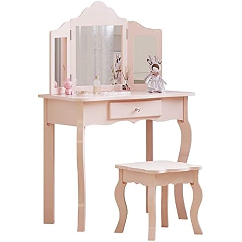 J- Girls Pink Princess Vanity Table with Mirror Cover