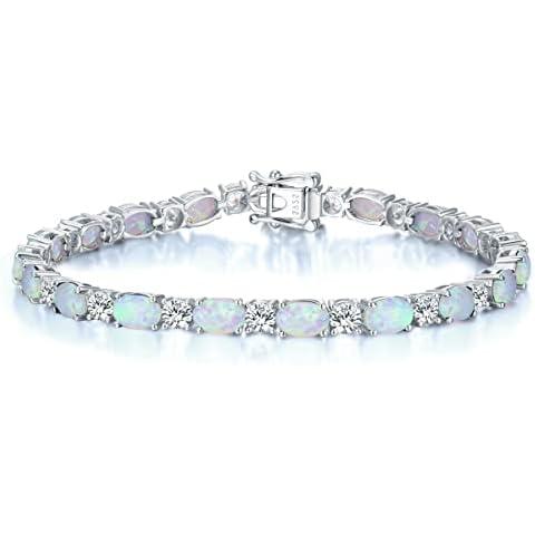 October Birthstone Bracelets Sterling Silver Created Opal Tennis Bracelet Oval and Round Sparkling Cubic Zirconia CZ Bracelets Charm Fine Jewelry for Women Girls 7 Inch Cover