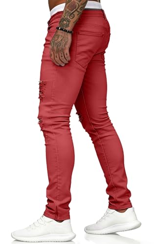 Image of HUNGSON Men's Blue Slim Fit Jeans Stretch Destroyed Ripped Skinny Jeans Side Striped Denim Pants