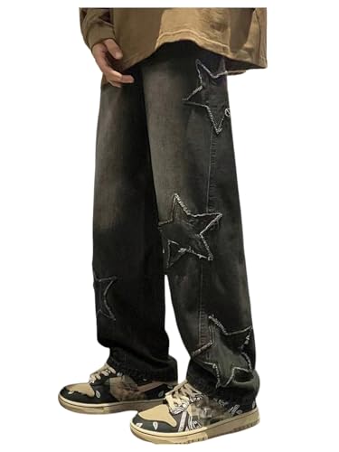 SweatyRocks Men's Y2k Star Baggy Jeans Hip Hop Streetwear Wide Leg Denim Pants