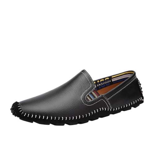 Mens Loafers Shoe Stitching Details Genuine Leather Elastic Side Flat Heel Flexible Lightweight Casual Slip-ons