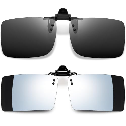 Image of Joopin 2 Pack Rectangle Clip on Flip up Sunglasses Polarized UV Protection | 2 Pcs, TAC lens, Metal Clips, Rubber Bars, Women, Men, rectangular, Frameless, Clamped onto the glasses, Driving, Fishing