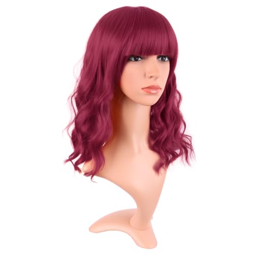 Image of MapofBeauty 14 Inch /35 cm Short Wavy Curly Women Fresh Bright Synthetic Ordinary Flat Bangs Bob Wig (Blood Red)