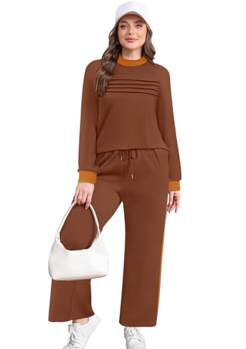 Image of WIHOLL Two Piece Sets for Women Fall Travel Vacation Outfits 2026 Long Sleeve Lounge Sets Side Slit Wide Leg Pants XS-3XL
