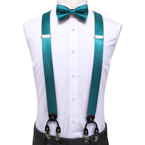 Image of Hi-Tie Men Suspender Bowtie Set Suspenders Pre-tied Bow Tie Pocket Square Cufflinks Adjustable Y Shape 6 Clips Braces Tuxedo
