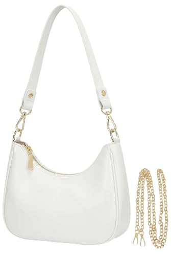 Mivorica Small Shoulder Bag for Women - Trendy little Crescent Purse & Underarm Handbag with Detachable Chain Strap - Cute Mini Hobo Clutch for Travel & Party Cream White Vegan Leather